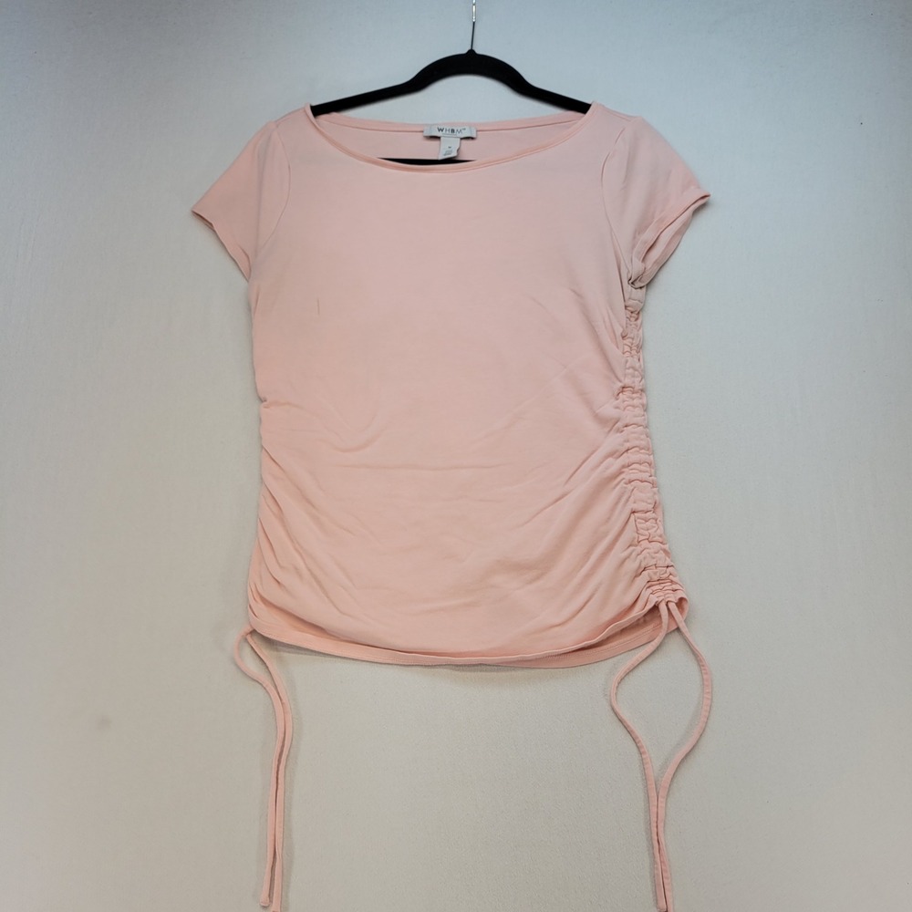 WHBM Top Womens Medium PinK Ruched Side Drawstring Boat Neck Short Sleeve